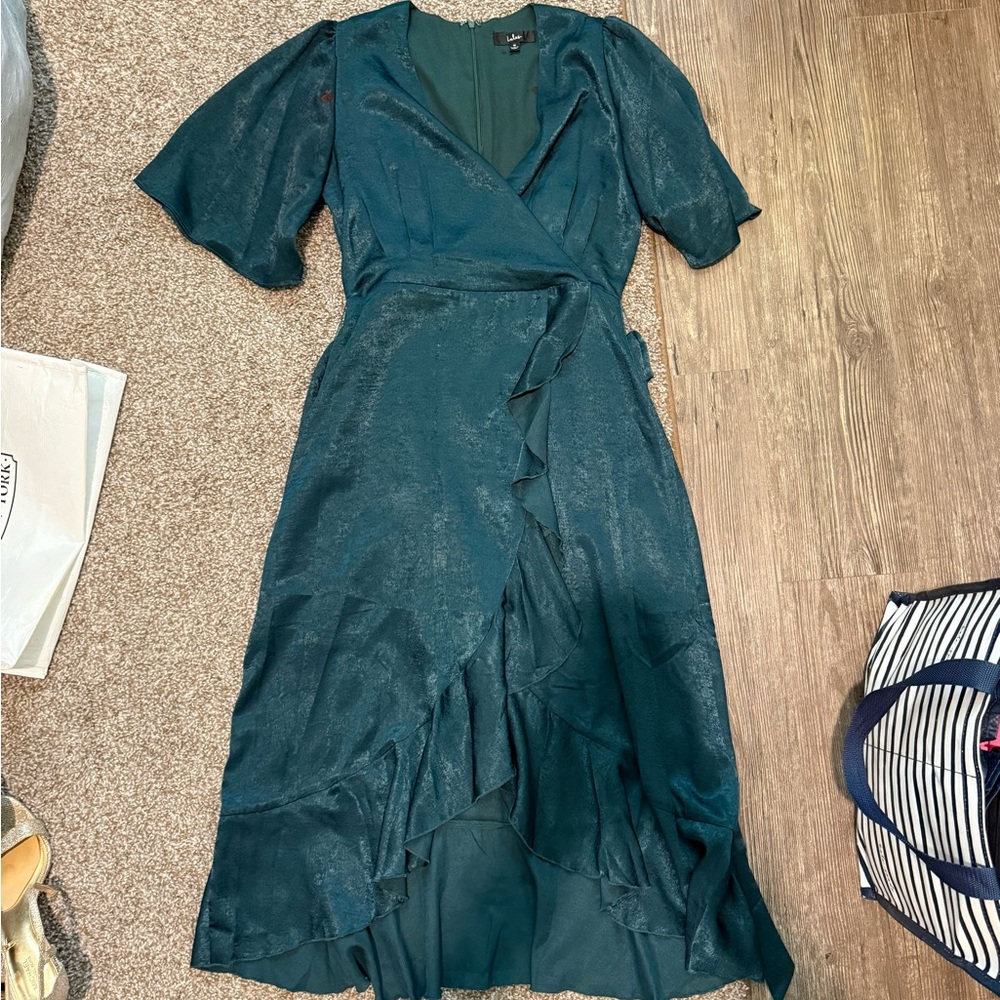 Lulu's Elegant Teal Wrap Midi Dress